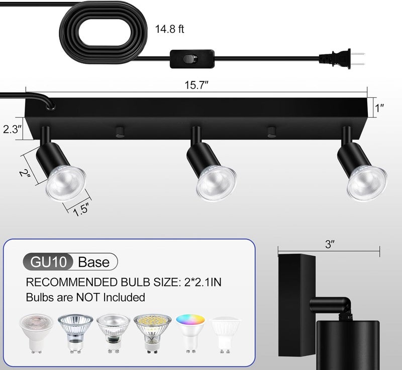 Bricosmocon Plug-in Track Lighting, LED Track Lighting Fixtures Ceiling Kit, 16" Black Plug in Wall Light with 14.8ft Cord, 3-Light Ceiling Spotlight,Rotatable Kitchen Light Head for Bedroom Hallway(GU10,NO Bulb) - Image 2